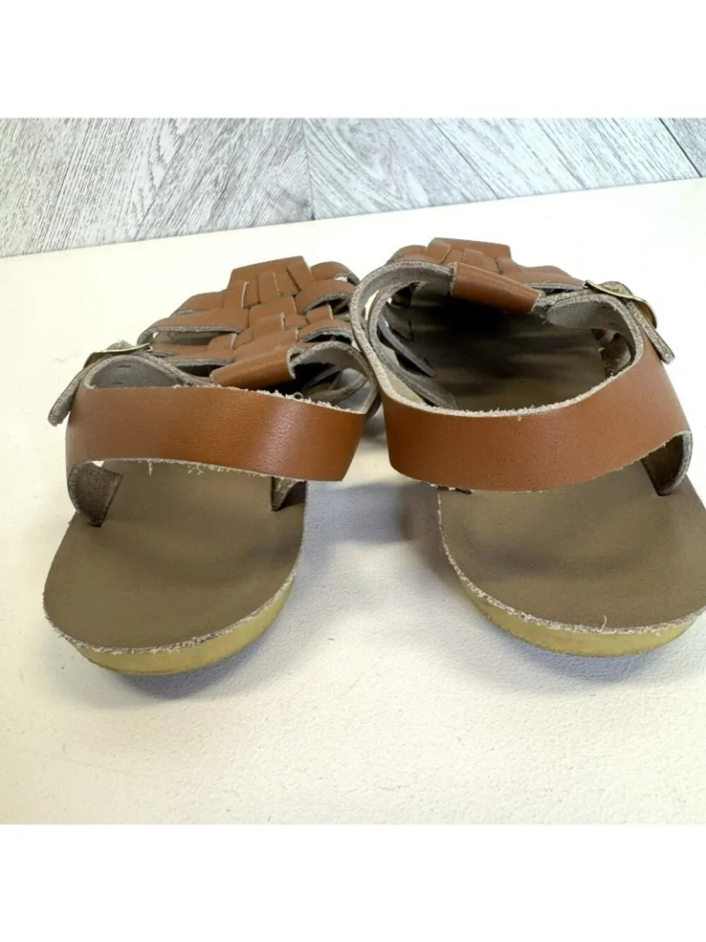 Saltwater Sun-San Sailor Woven Brown Leather Sandals Unisex Big Kids Size 3